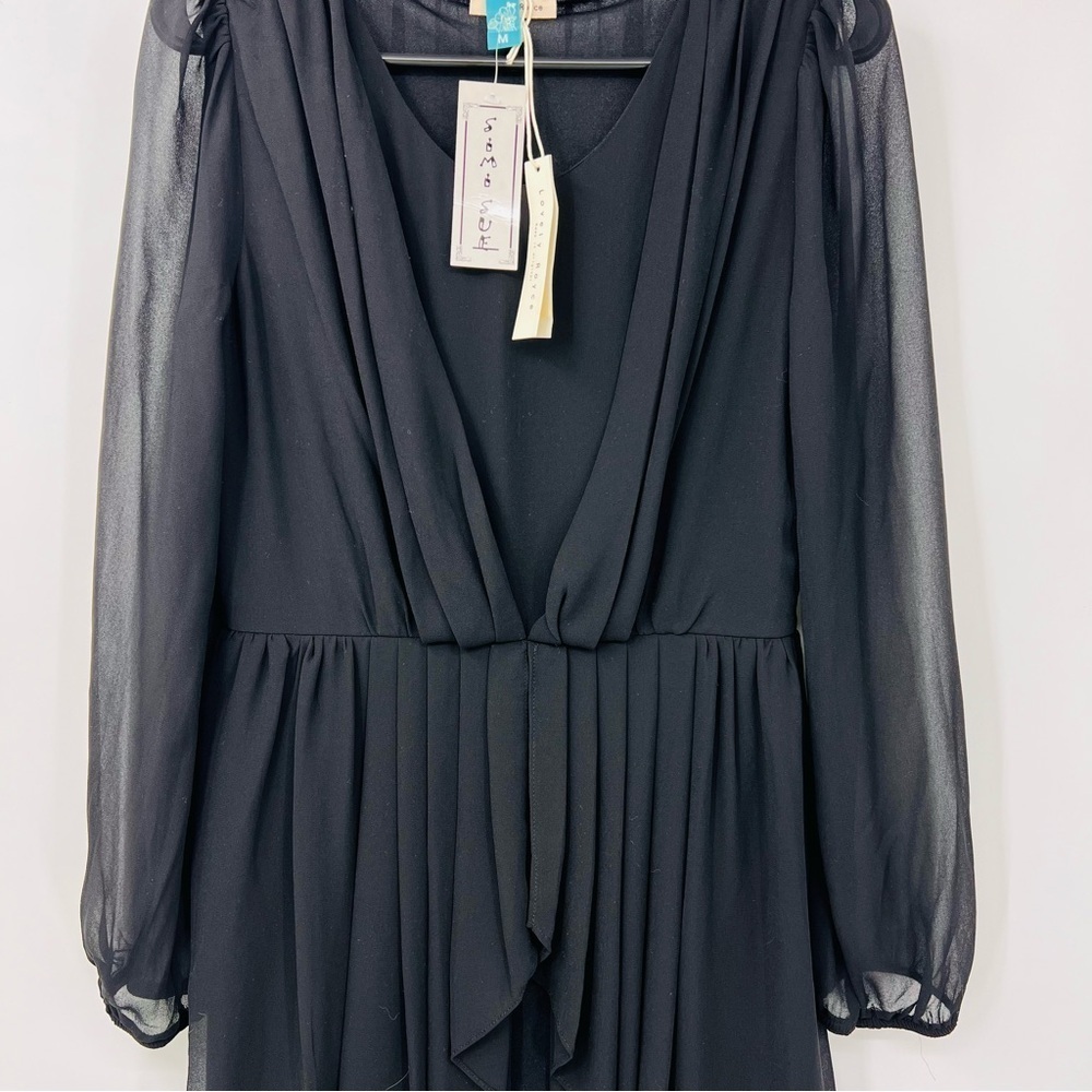 Lovely Royce Pleated Little Black Feminine Semi Sheer Mini Dress Size Medium - Picture 3 of 5